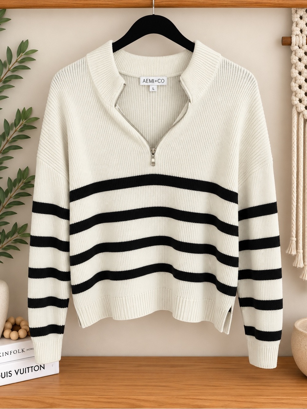 Cream Half-Zip Striped Sweater